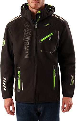 Geographical Norway Royaute Men - Veste Softshell Homme Impermeable - Manteau À Capuche Outdoor - Blouson Coupe Vent Tactique Resistant Hiver - Activites En Exterieur (Noir Vert 5XL)