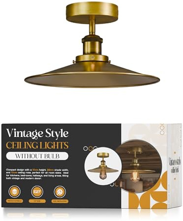 LEDSone Industrial Semi Flush Ceiling Light 22cm Metal Yellow Brass | Lampshade E27 Base Hardwired Indoor Ceiling Lights Fixture for Kitchen Bedroom Living Room Hallway Without Bulb