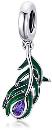 Ciondolo Charm Argento 925 Charm Bead per Pandora Chamilia, Bracciali e Collane - Diamante Viola e Foglia Verde
