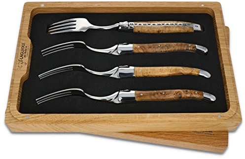 Laguiole en Aubrac - 4er Set Steak-Gabeln - Lindenholz - Passend zu den Steakmessern aus Frankreich - Stahl glänzend poliert