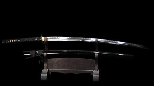 Profi Katana Schwert Echt Scharf Damaststahl 8000 Lagen oder 1060 Stahl Handgeschmiedetes für das Schneidtraining (BL777Schwarz)