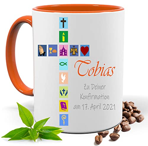 Konfirmation Geschenk, bedruckte Tasse personalisiert mit Namen und Datum |Geschenk Idee| Kaffee Tee Tasse | Fototasse, Motivtasse | Kaffeetasse, Teetasse |Keramik (Orange)