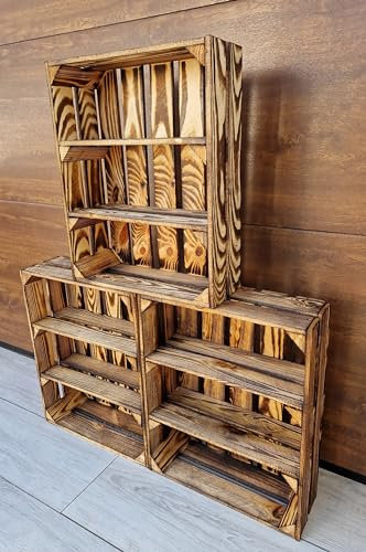 PYXIDAS Cassette in Legno Naturale o Effetto Bruciato, Lungo o Corto, 50x40x15 cm – Set Portafrutta Decorativo e Contenitore – Robuste, Pulite,Cucina o Arredo Rustico (Effetto Bruciato corto, 3)