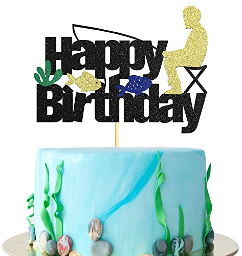 Sotpot 1 pcs Glitter Gone Fishing Birthday Cake Topper, Fisherman Cake Decoration for Men Boy Baby Bobber Fish Little Fisherman Themed Birthday Party Supplies