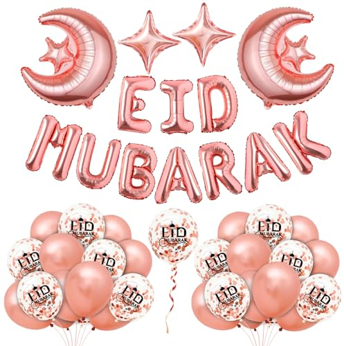 Bluelves Eid Mubarak Dekoration Rosegold, 23-teiliges Set mit Ballons, Girlande, Stern- und Mondfolienballons für Eid Ramadan Mubarak Partydeko