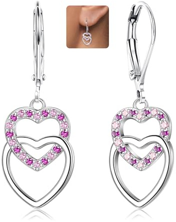 LOLIAS 925 Sterling Silver Cuore Ciondola l'orecchino Donne Ragazze | Argento Multicolore Cubic Zirconia Orecchini a Pendaglio Ipoallergenico Doppio Cuore Huggie Hoops Orecchini per Donna