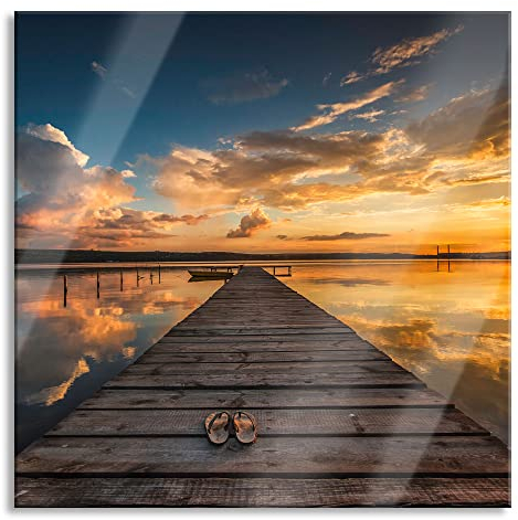 Pixxprint Glasbild | Wandbild auf Echtglas | Steg am See bei Sonnenuntergang | 80x80 cm | inkl. Aufhängung und Abstandshalter