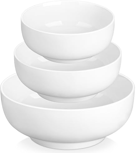 MALACASA Large Salad Bowl, Serving Bowl Set of 3, 1320ML / 1780ML / 3400ML Porcelain White Soup Bowl Cereal Bowl Noodle Bowl Dessert Bowls Ramen Bowl Fruit Bowl