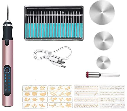 Elektrische Gravierstift mit 16 Schablonen, Multifunktionaler Gravierwerkzeugsatz,Tragbare Wiederaufladbare USB-Akku-Graviermaschine für DIY Schmuck Metall Glas Kunststoff Holz Keramik Stein