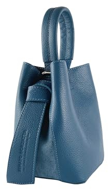 Beuteltasche aus echtem Leder, hergestellt in Italien mit Umhängetasche mit Karabinerhakenverschluss aus glänzendem Goldmetall, Farbe: Avio, Maße: 16 x 14 x 21 cm + Henkel 13 cm,