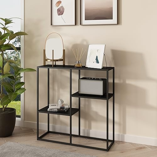 [en.casa] Tavolo a Consolle con 3 Piani Mobile Stretto da Ingresso Consolle in Acciaio Scaffale da Terra Espositore 80 x 80 x 26 cm - Nero, opaco