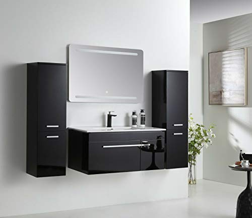 Faizee Möbel | 90 cm Badmöbel-Set in Schwarz Hochglanz – Keramik-Waschbecken mit eckigem LED-Spiegel und Zwei Seitenschränken