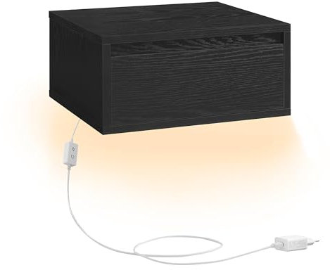 VASAGLE Nachttisch hängend, Leuchte mit 3 Farben, schwebendes Wandregal, Schublade, 35 x 40 x 18 cm, modern, Wohnzimmer Schlafzimmer, ebenholzschwarz LET654B01