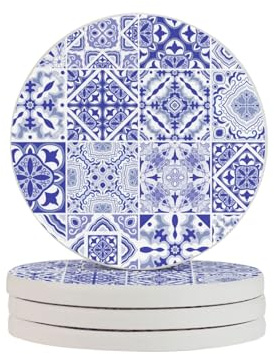 VhoMes Dessous de Verre Ronds, Dessous de Verre en diatomite, Dessous de Verre, Tasses, Tapis, Lot de 4Carreaux décoratifs Portugais Magnifiques Traditionnels Carreaux Azulejos