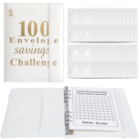 Jakiro 100 Umschläge Geld sparen Herausforderung Binder, Spar Challenges Geld Mappe Zum Sparen Frauen Männer, A5 Challenge Buch to Save $5.050 (Weiß)