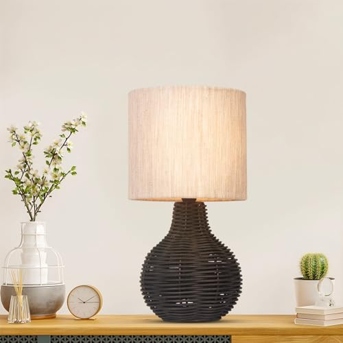 JCPYIUL Retro Rattan Tischlampe, Dekorative Nature Tischleuchte mit E14 Fassung, Beiger Lampenschirm aus Leinen, Lampe für Wohnzimmer Kinderzimmer Schalfzimmer Deko