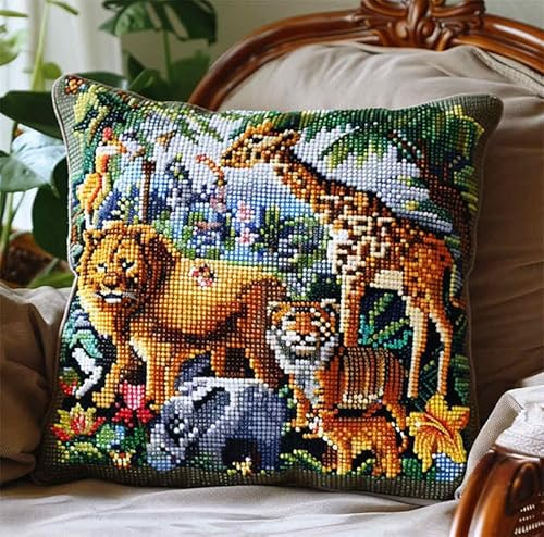 kitphoenix Knüpfkissen Set, Latch Hook Kissen Kit Tier Elefant Tiger Löwefür Kinder Oder Anfänger Erwachsene Zum Selber Knüpfen, Diy Knüpfteppich Knüpfpackung, Knüpfhaken Set 43 X 43 Cm