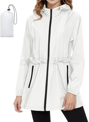 SotRong Lightweight Waterproof Jacket Womens Thin Summer Jacket Packable Raincoat Hooded Trench Coat Outdoor Hiking Running Walking Camping Windbreaker Jacket White L