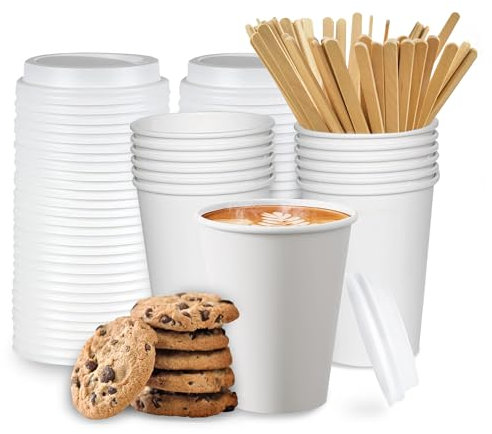 OKIM-R, Lot de 100 gobelets jetables pour café avec couvercle et dissolvant, gobelets en carton jetables, gobelets avec couvercle jetables, gobelets à café de 240 ml. Blanc