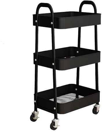 simpa 3 Tier Metal Multipurpose Wheeled Storage Tray Cart - BLACK 78.5cm (H) x 46cm (W) x 30.5cm (D)