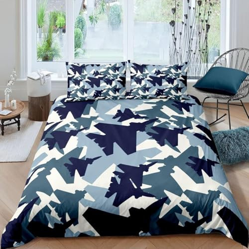 Loussiesd Luftfahrzeuge Bettwäsche Set 155x220cm Kinder Jungen Camouflage Fliegen Flugzeug Bettbezug Set Army Camo Kämpfer Luftfahrzeuge Betten Set
