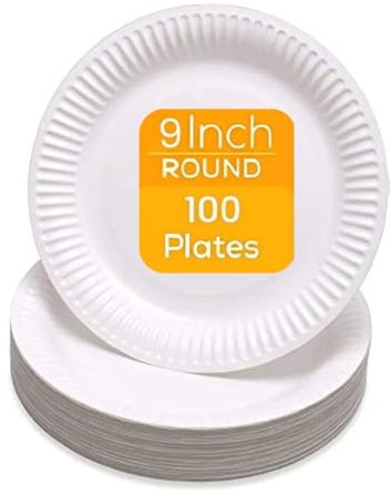 aaksh 555 Pack of 100, Large Paper Plates 23cm/9, Disposable Paper Plates, Disposable for HOT & Cold Food, Used for Birthday Party, Christmas Party, Kid's Parties, Picnics, BBQ's
