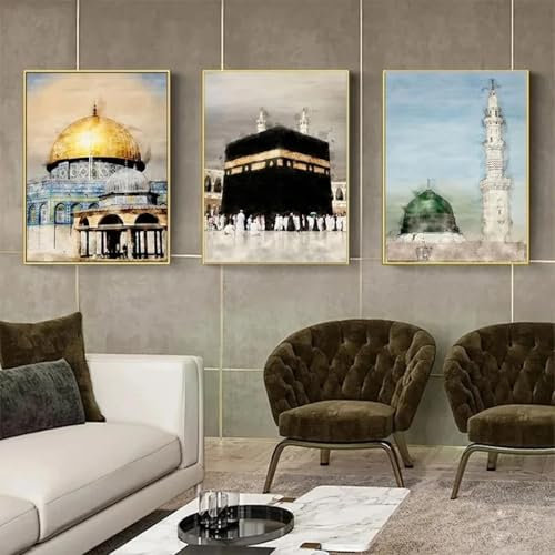 ytonghao Islamische Masjid-Moschee, Mekka, Medina, Poster, Leinwandbild, Wandkunst, Bilder, Wohnzimmerdekoration, 50 x 70 cm, 3 Stück, ohne Rahmen