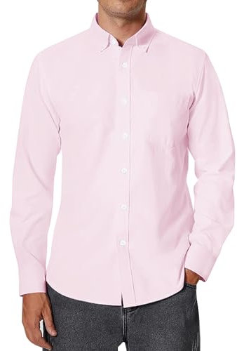 siliteelon Men's Oxford Shirt Long Sleeve Smart Casual Plain Regualr Fit Button Down Shirts with Pockt Light Pink M