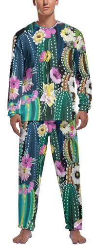 MZGFAQ Kaktus-Pflanze Herren Schlafanzug Lang Pyjama Set Nightwear Langarm Nachtwäsche Sleepwear
