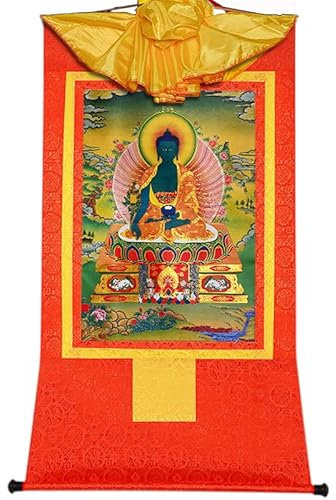 Tibetische Thangka, Tantrischer tibetischer Buddhismus Thangka Wandbehang, Medizin-Buddha, Heißprägung Brokat buddhistischer Wandteppich