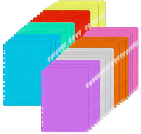 Agoer 40 Pcs Pochettes Plastiques Perforées A4, Pochettes Coins Transparentes A4 Perforées, 8 Couleurs pour Classeur, Ranger et Classer Papiers, 31 x 23 cm Chemise Plastique pour Bureau, Ecole