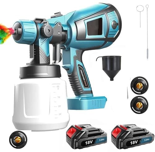 Farbsprühsystem Akku ,für Wand- und Latexfarben, Lacke & Lasuren im Innen- & Außenbereich, Behälter 1000 ml, Kompatibel mit Makita 18V Akkus, Elektro Lackierpistole mit 3 Düsen, 3 Spritzmuster