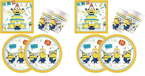 Procos 10137423 - Set per feste S Minions: Rise Of Gru, set da 52 pezzi, 16 piatti, 16 bicchieri, 20 tovaglioli, stoviglie usa e getta, stoviglie per feste, decorazione da tavolo (Confezione da 2)