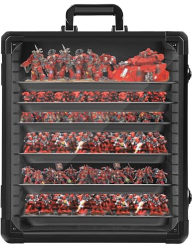 OUUTMEE Miniatures Carry Case with Aluminium Alloy Frame, Miniatures Transport Case with 6 Metal Trays, Lockable Miniatures Storage Case for Collectibles (Large)