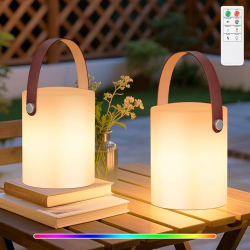MALUX 2 Stück Outdoor Lampe Akku LED Outdoor Tischlampe mit Fernbedienung Warmweiß 8 Farben Wasserdicht Ideales Dekor für Ihr Haus und Garten ostern dekoration (Ledergriff)
