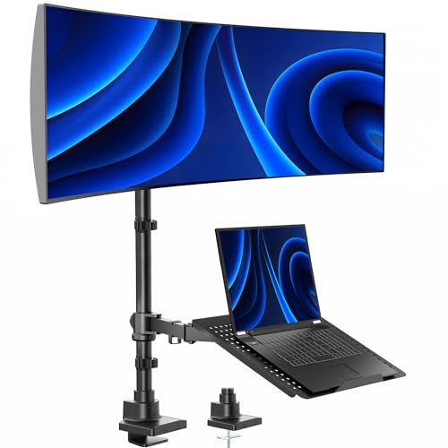 VIVO Extra Tall Desk Mount for up to 49 inch Ultra-Wide Monitor and Tray for up to 17 inch Laptop, Clamp-on Adjustable Stand Holds 44 lb Screens, VESA up to 100x100, Black, STAND-V102T-L