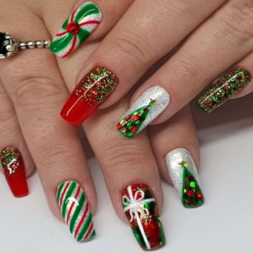 Viugex 24 Stück Weihnachts Press on Nails, Rot Grün Falsche Nägel mit Weihnachtsbaum Geschenk Design, Glitzer Acryl Full Cover Falsche Nägel, Wiederverwendbar Nägel zum Aufkleben für Frauen