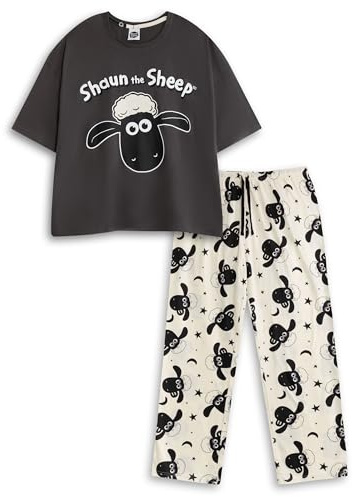 Vanilla Underground Damen-Pyjama-Set „Shaun das Schaf“ in Schwarz und Creme mit kurzen Ärmeln und Langen Beinen | Nachtwäsche mit Cartoon-Print zum Schlafen und Entspannen