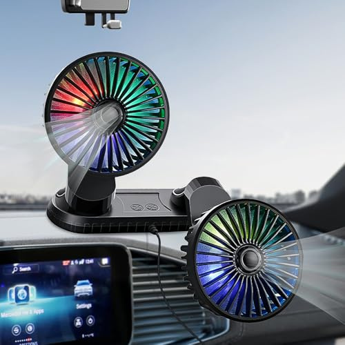 Hojalis Ventilateur De Voiture 5V, Ventilateur Double Têtes USB, Ventilateurs Portables Voitures avec 3 Vitesses Et Effets Lumineux, Rotation à 360° Pour Voiture, Van, SUV, RV, Bateau