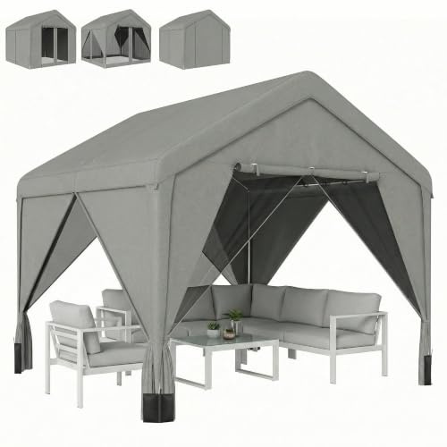 Outsunny Tonnelle de Jardin extérieur 3x3m Hydrofuge Acier Double Toit Gris | Structure Robuste, Pavillon de jardin, Toit Double Pente, Rideaux, Moustiquaire, Galvanisé, Fête, Terrasse