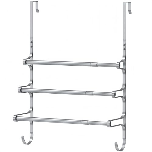 AFAjwsc Teleskop Tür-Handtuchstange Bad 35-60cm | Türgarderobe zum Einhängen Badezimmer, 3-stufiger Handtuchhalter mit Haken, ohne Bohren, Silber