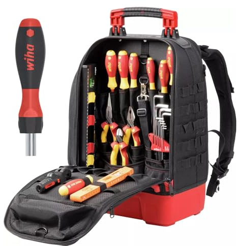 Wiha Elektriker Werkzeugrucksack 27-tlg. I mit Elektriker Grundausstattung I stabiler Standboden I mit Laptopfach I Taschen für Zubehör (45528) (Standard inkl. Ratschenschraubendreher (47169))