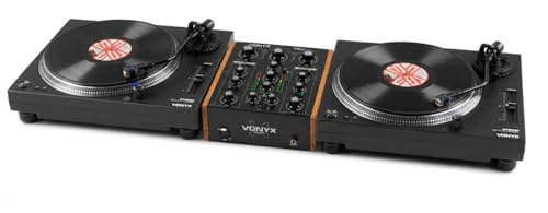 2x Vonyx DT6000 Direct Drive Vinyl Turntables with Rotary DJ Mixer, AT3600 cartridge, USB Output, Phono Line Preamp, 2 Channel DJ Decks Setup for Home Hi-Fi and Vinyl Mixing