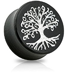 BlackAmazement Flesh Tunnel Plug Inlay Piercing Holz Wood Lebensbaum Hamsa Hand Sonne Herren Damen (Lebensbaum - Ebenholz, 12 mm)