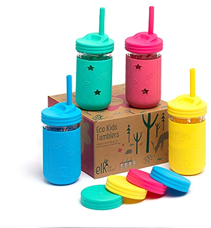 Elk and Friends Kinderbecher mit Trinkhalmen – Einmachgläser aus Glas 340 ml mit Silikonhüllen und Trinkhalmen + Strohhalm und auslaufsichere normale Deckel – auslaufsicher