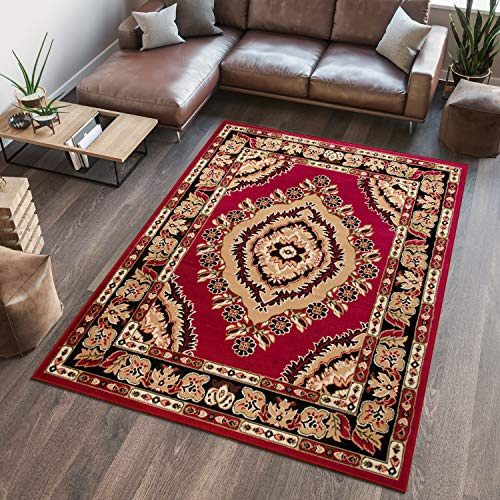 TAPISO Atlas Teppich Kurzflor Rot Beige Traditionell Orientteppich Klassisch Floral Orient Design Vintage Wohnzimmer Schlafzimmer ÖKOTEX 120 x 170 cm