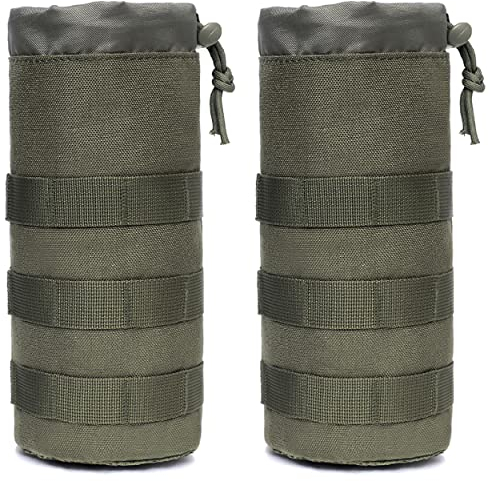 Azarxis Tactical Water Bottle Pouch, Molle Bottle Holder Holster Hydration Carrier Bag with Adjustable Drawstring Open Top for Military Vest Backpack Outdoor Cycling Hiking Camping (Green - 2 Pack)