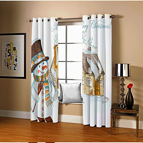 AmDxD 3D Curtains Room White, Merry Christmas Snowman and House 214 x 244 cm