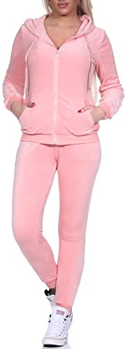 Jela London Damen Nicki Hausanzug Jogginganzug Velour Samt Jogging Freizeit Hose Kapuzen Jacke, Lachsrosa Hellrosa, 38-40 (L)