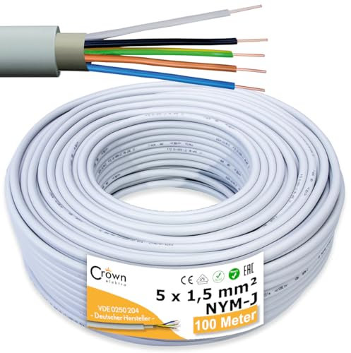 NYM-J 5x1,5mm² Kabel 100m | Feuchtraumkabel für 300V/500V | Elektrokabel 5-Adrig mit PVC Mantel | Ø1,5mm² Stromkabel für Elektroinstallation in Weiß/Grau | Kabellänge am Stück